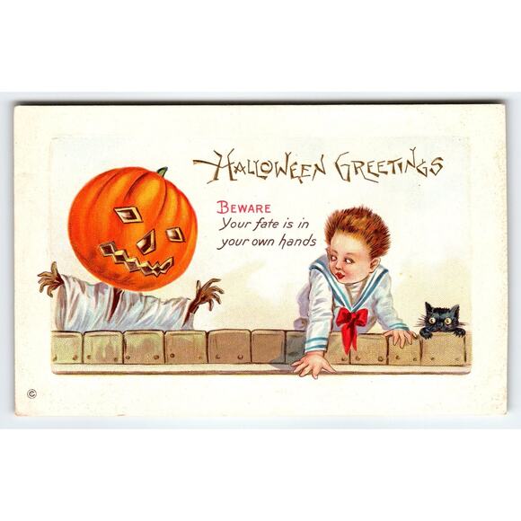 Vintage Halloween Greetings Postcard with Pumpkin Head & Boy, Divided Back - Picture 1 of 2